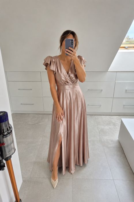 Elegancka satynowa sukienka For You XS 34 rose gold champagne