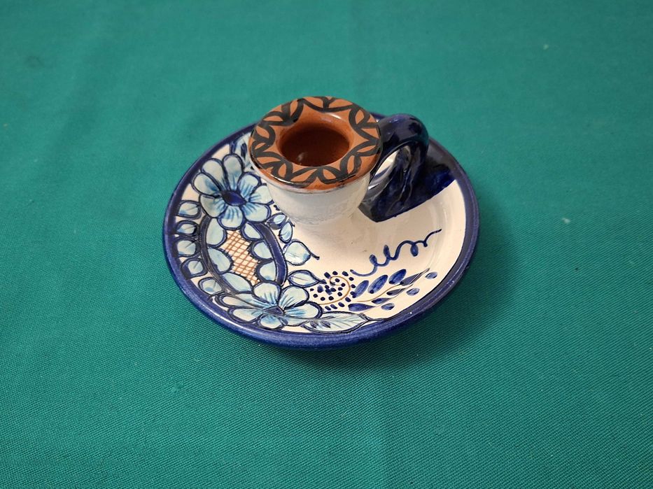 Castiçal artesanal em barro pintado à mão, vintage
