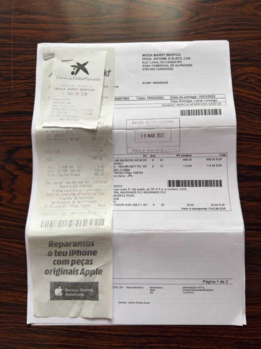 MacBook Air M1 13" 8GB/256GB Bateria 97%– caixa + fatura + mala Tomtoc