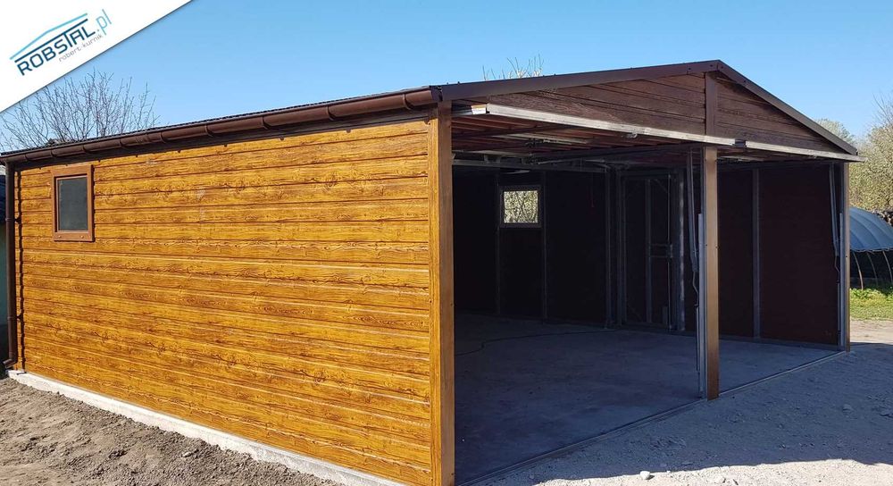 Garaż Blaszany 6x6 drewnopodobny, bramy uchylne FILC GRATIS