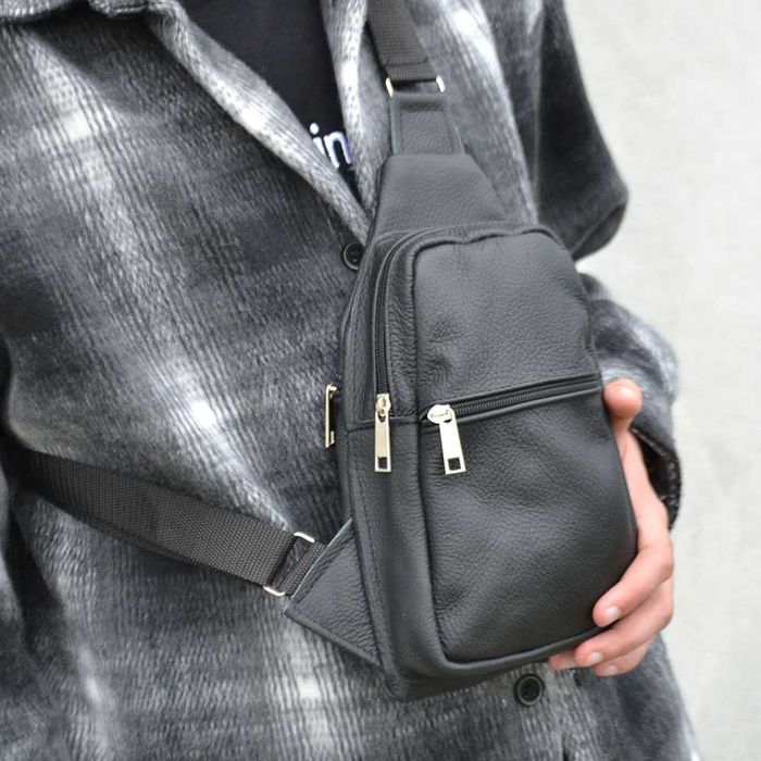 Сумка з натуральної шкіри, слінг чоловічий чорний, барсетка, месенджер