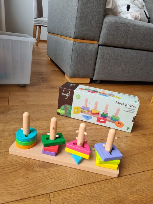 Drewniane puzzle łamigłowka układanka sorter kształtów Joueco 12+