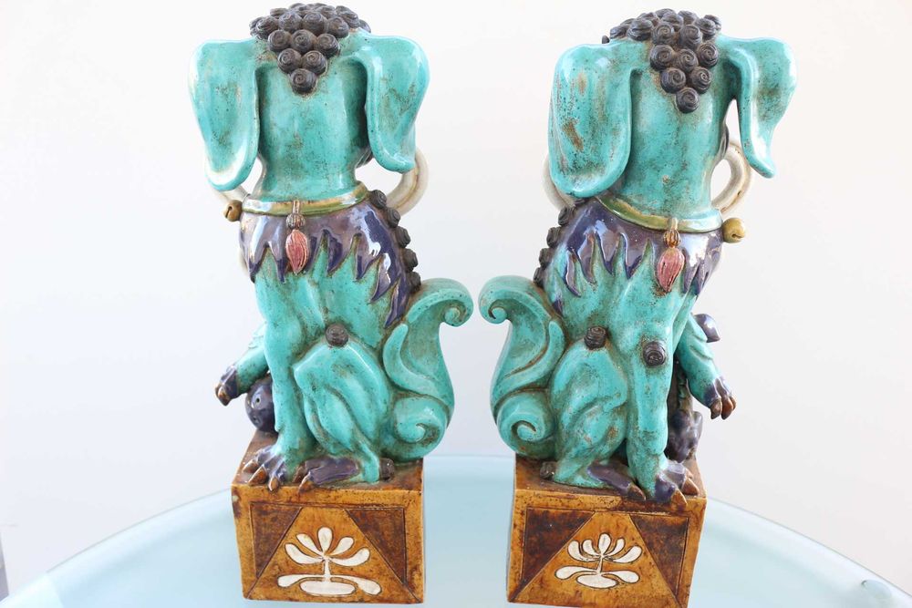 Raros Cães Foo em Cerâmica Vidrada Chinesa Marcados 45 cm