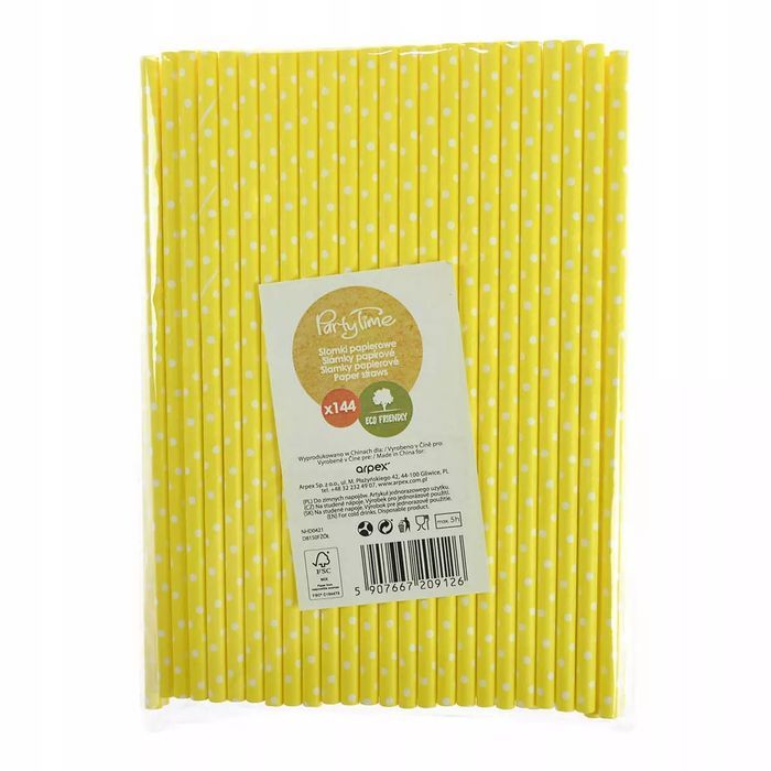 Słomki Papierowe Żółte W Białe Kropki 144Szt. Nowy Produkt