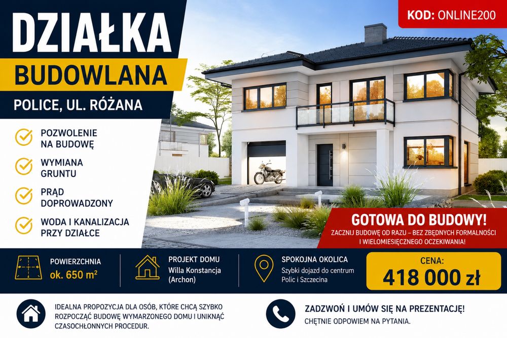 DZIAŁKA BUDOWLANA Z pozwoleniem na budowe – Police, Ul. Różana
