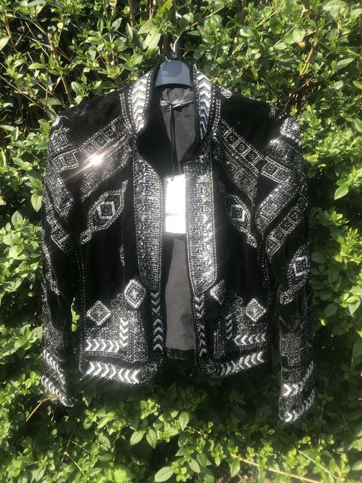 A190 ZARA VELVET CZARNA MARYNARKA HAFTOWANA SREBRNYMI KORALIKAMI TRINNY WOODALL KURTKA PŁASZCZ BLAZER - S