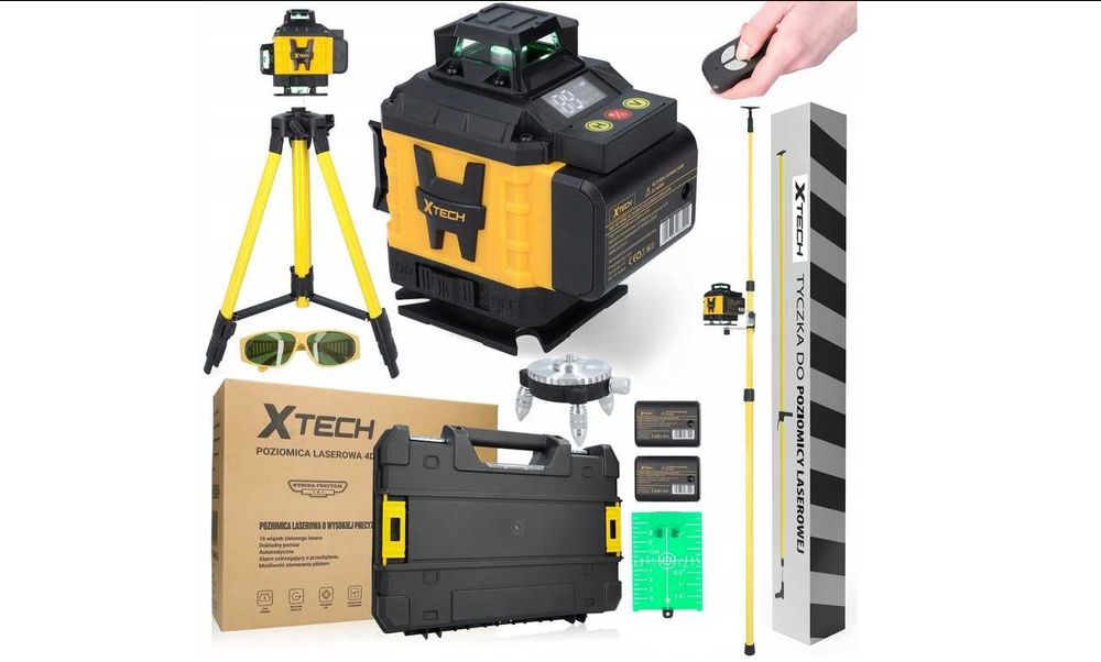 DUŻY ZESTAW: Poziomica Laserowa xTech + statyw + tyczka Wahadło Nowa
