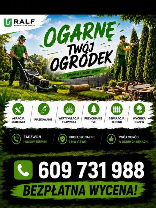 Pielęgnacja ogrodów, glebogryzarka separacyjna, koszenie trawy, przycinanie tui.