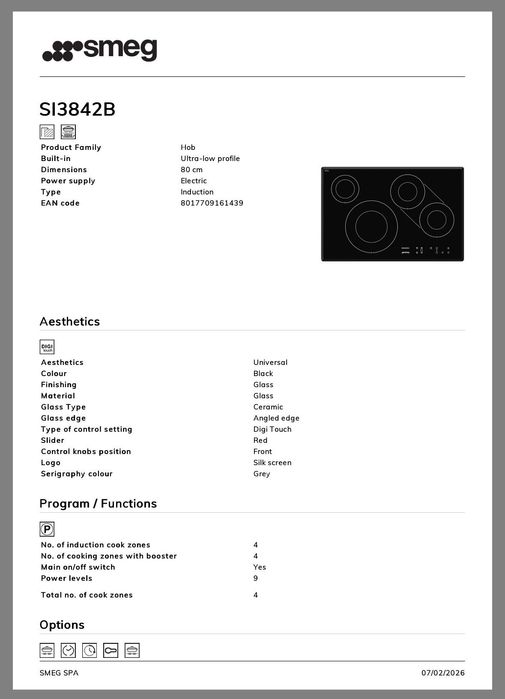 Індукційна варильна поверхня Smeg SI3842B,80см.