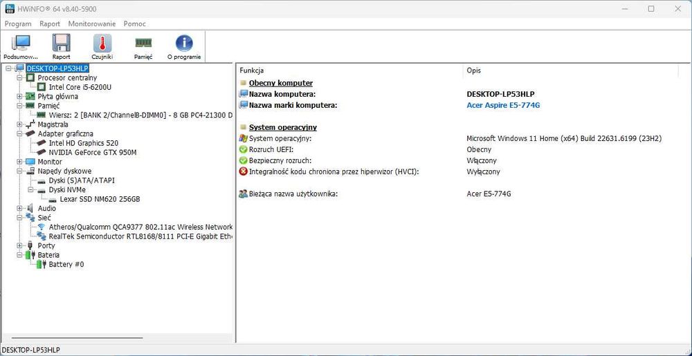 Acer E5-774g ekran 17,3" Intel I5 6200U 8GB RAM GTX950M 256GB SSD NVMe