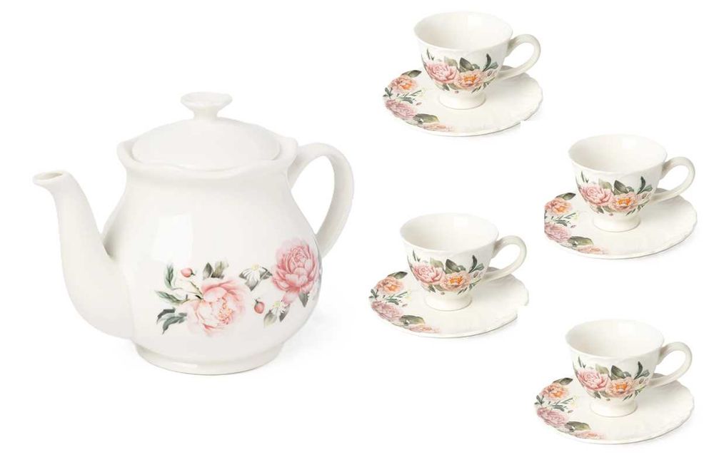 Dzbanek i 4 filiżanki z talerzykami piwonie kolekcja Pepco