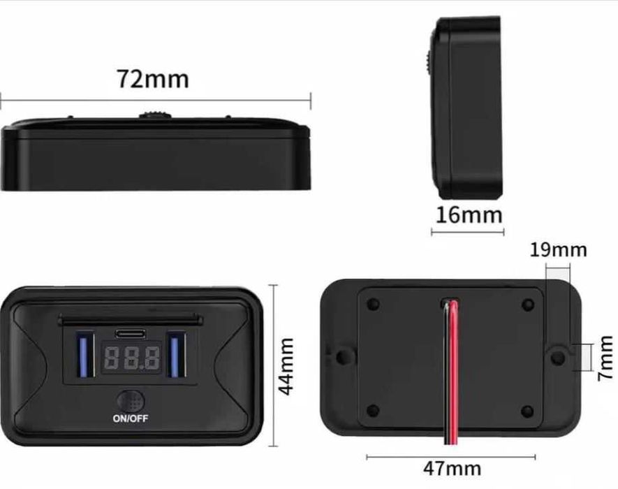 Накладная зарядка в авто, 2 USB + PD Type-C + Вольтметр, 12-24В QC 3.0