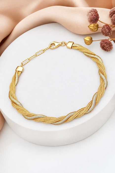 Złota potrójna pleciona bransoletka o łączonym, błyszczącym splocie 20,5 cm pr. 585