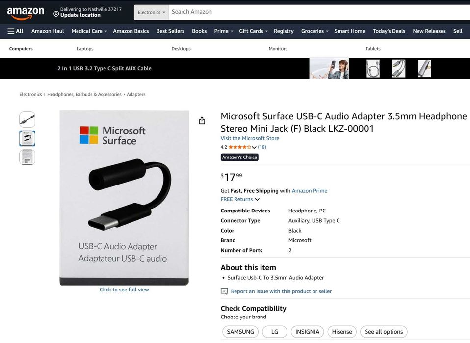 Аудіоадаптер Microsoft Surface USB-C to 3.5 mm (USA)