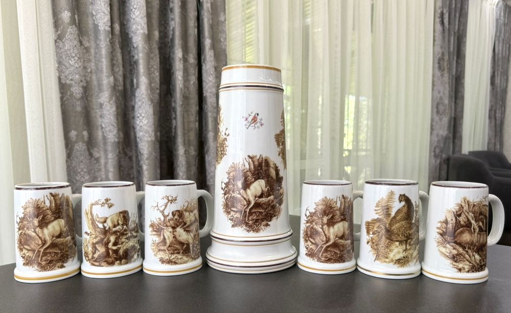 Винтажный фарфоровый набор пивных бокалов GDR Германи подарок охотнику