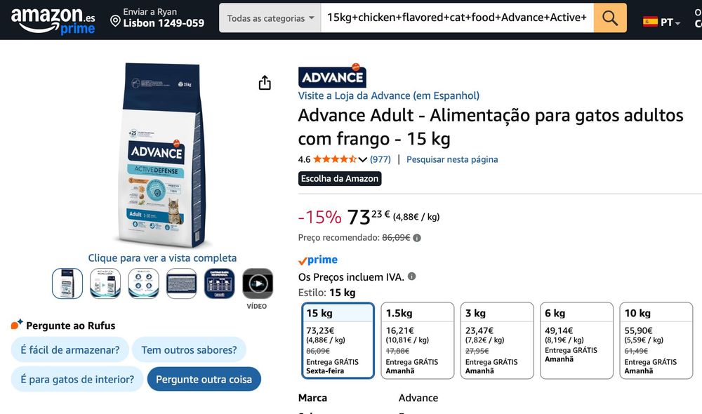 Dois sacos Ração para cães Advance ActiveDefense, sabor frango. 50% de desconto. Nova, 15 kg, selada.