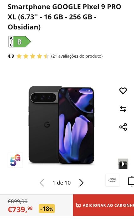 Google Pixel 9 Pro XL 5G 6.8" 16GB/256GB Dual Sim Preto Seminovo Aceito Retomas