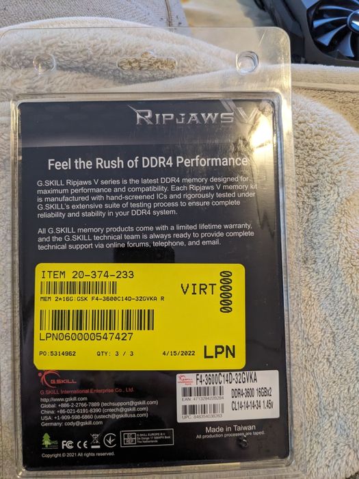 Оперативна пам'ять DDR4 32GB (2X16GB) 3600MHZ G.Skill RipJaws V.