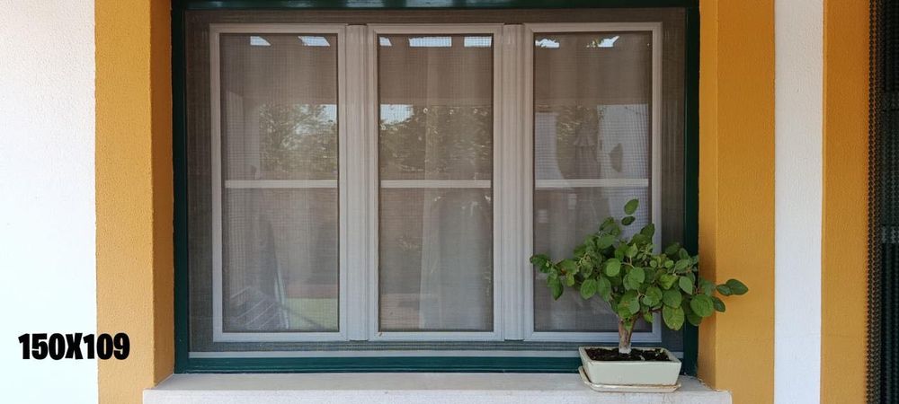 Janelas em alumínio, brancas e verdes, com veda luz interior.