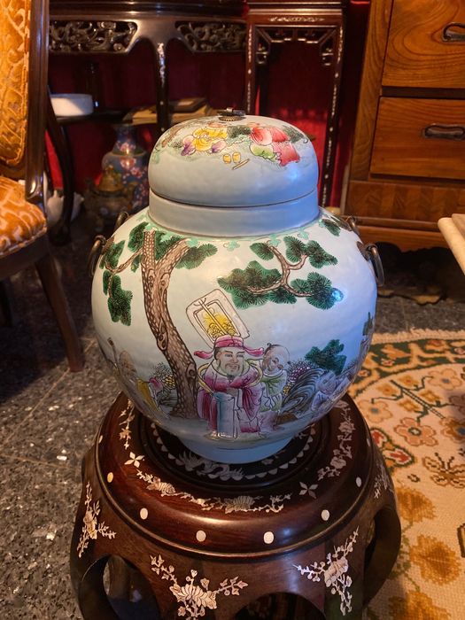 Pote de Chá Porcelana Chinesa Séc XVIII 32 cm celadon Assinado