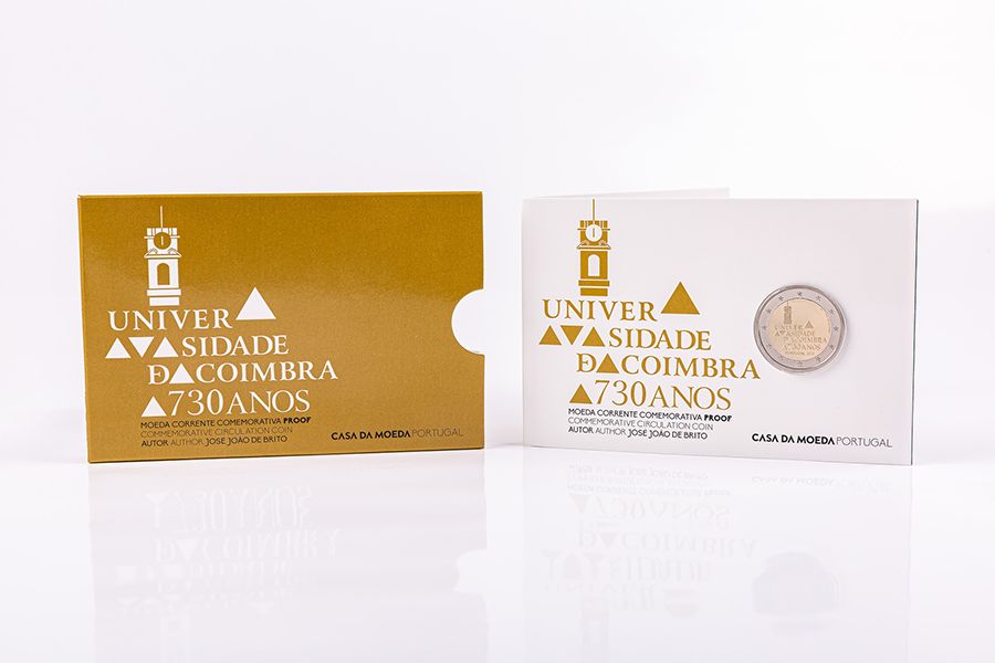 Moedas proof 2€ 730 anos Universidade de Coimbra e 70 anos Fundação Calouste Gulbenkian e desenvolvimento sempre alerta