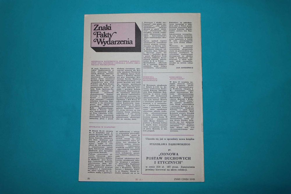 "Znaki Czasu" - czasopismo katolickie. Grudzień 1985. Nr 12.