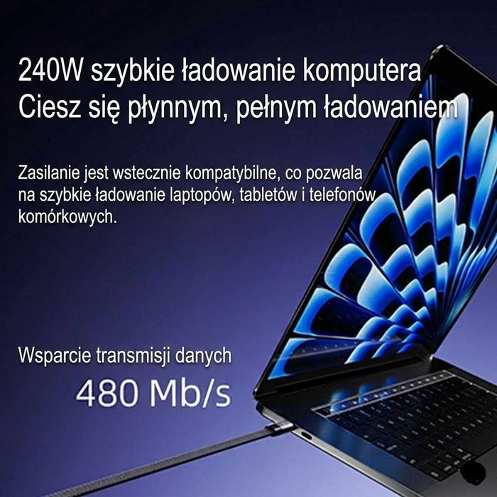 Mocny Kabel USB-C 240W 1,5m Smartfon Laptop Tablet Telefon Podstawka
