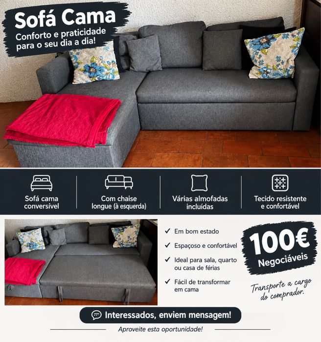 Sofá-Cama Cinzento – 100€ NEGOCIÁVEIS