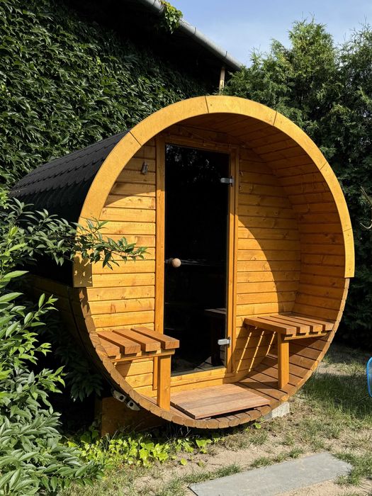 Sauna drewniana sucha 390cm PRODUCENT z tarasem fińska beczka FV23