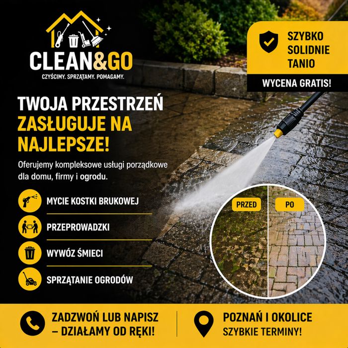 CLEANGO usługi porządkowe  Twój porządek. Nasza robota.  Kostka brukowa  Przeprowadzki Wywóz odpadów Ogrody Poznań i okolice
