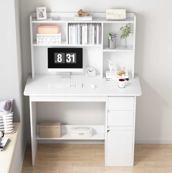 NOWE Biurko Gamingowe Komputerowe Młodzieżowe Białe Loft z Regałem Półkami 100 cm Pod Laptop PC Do Nauki Pracy MDF Nowoczesne