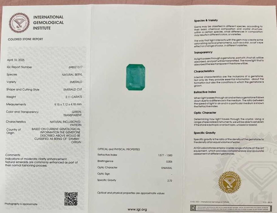 esmeralda 2,11ct international gemological institute igi