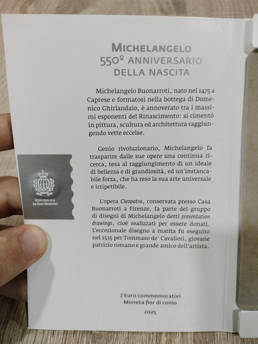Moeda Comemorativa Proof 2€ 550 anos do Nascimento de Michelangelo San