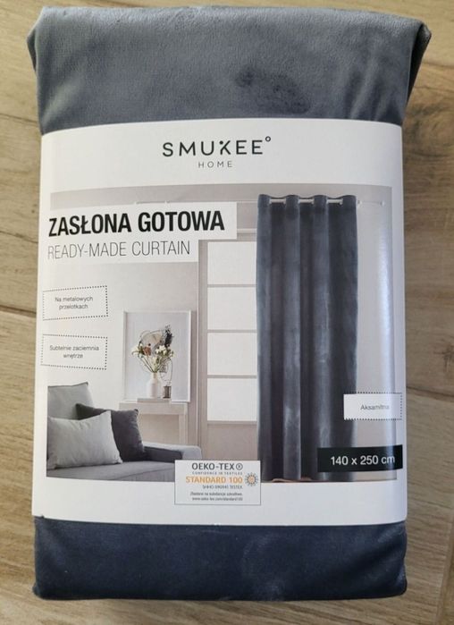 Nowa zasłona aksamitna / welurowa  140x250 cm szara z kółkami