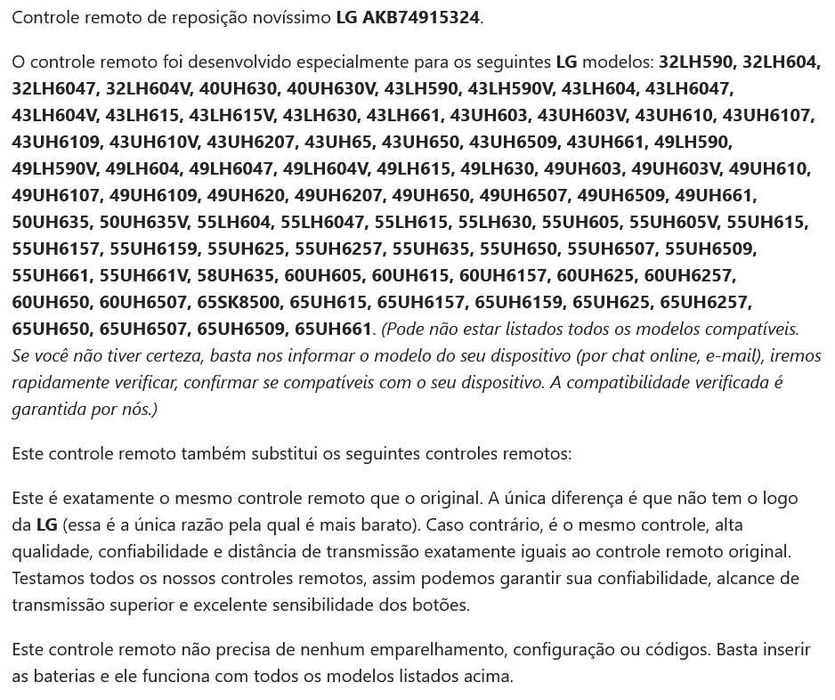 *NOVO* Controle remoto LG para TV LED/LCD - Comando TV