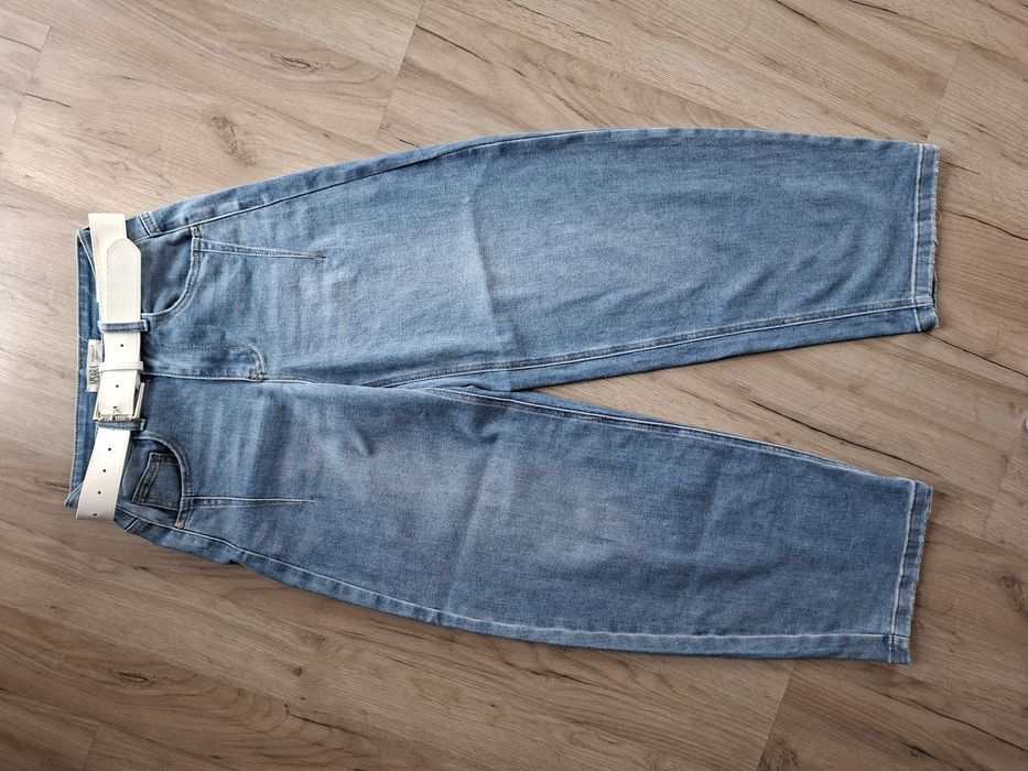 Damskie spodnie jeansy dżinsy jasnoniebieskie z paskiem XS 34 M.Sara nowe bez metki barrel loose fit luźne szerokie nogawki