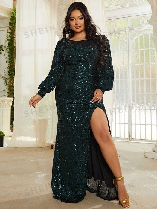 Sukienka cekinowa marszczona z odkrytymi plecami z rozcięciem maxi 2XL