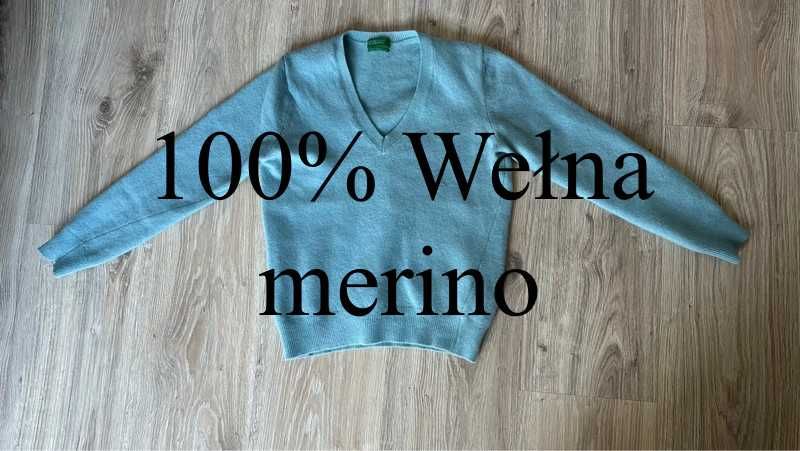 Błękitny sweter merino United Colors of Benetton wool wełna 100% XS