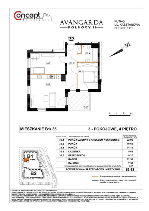 Mieszkanie 3-pokojowe, 63,63 m2 | B1/35