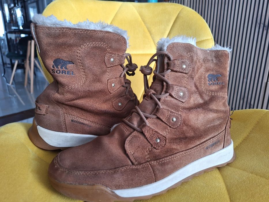 Buty zimowe jesienne Sorel 39 25cm brązowe skóra naturalna kożuszek