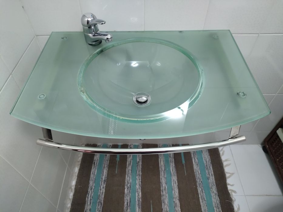 Lavatório de Vidro para Casa de Banho com Suporte Cromado