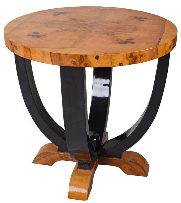 Elegancki Okrągły Stolik Kawowy Art Deco z Drewnianym Blatem Miodowym