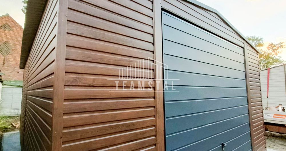 GARAŻ BLASZANY 5m x 7m dwuspad - Brama - ciemny orzech TS236 5x7
