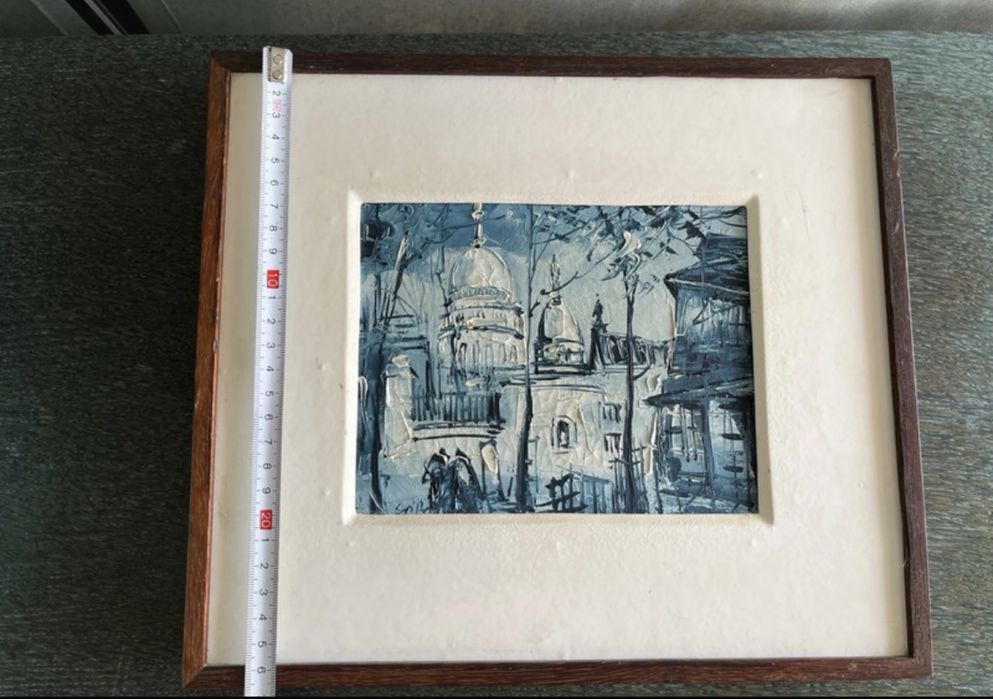 Quadro vintage pintura óleo espátula tons azuis estilo europeu