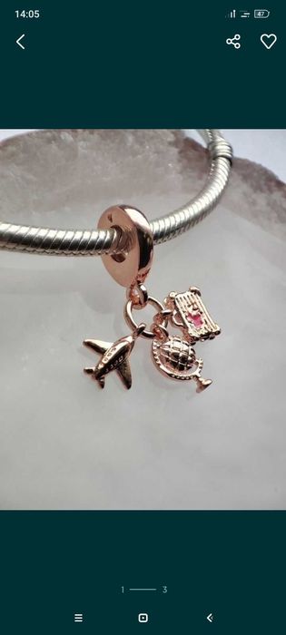 charms zawieszka srebro 925 rose gold samolot, globus i walizka