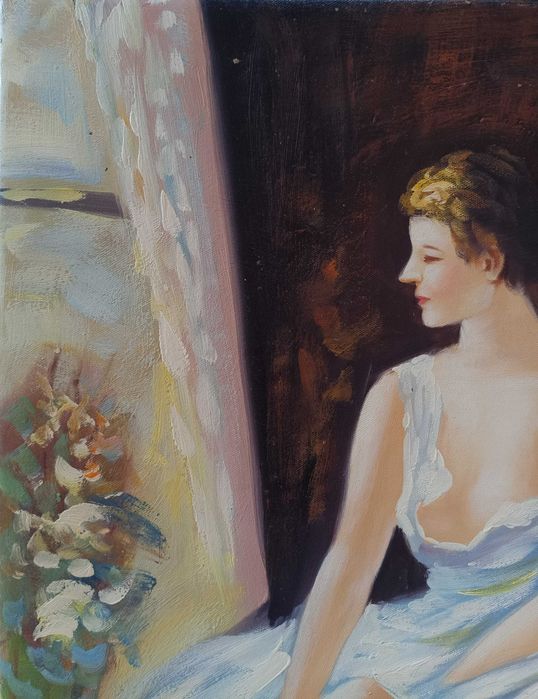 Pintura Original Certificada - Óleo sobre Tela de L. Woods - Retrato Feminino 60x50