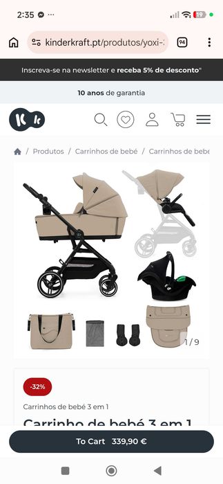 Carrinho KINDERKRAFT de Bebé Universal Yoxi 3 em 1 (Bege)