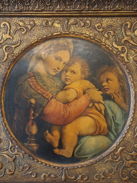 Quadro antigo arte sacra representa Maria e o menino