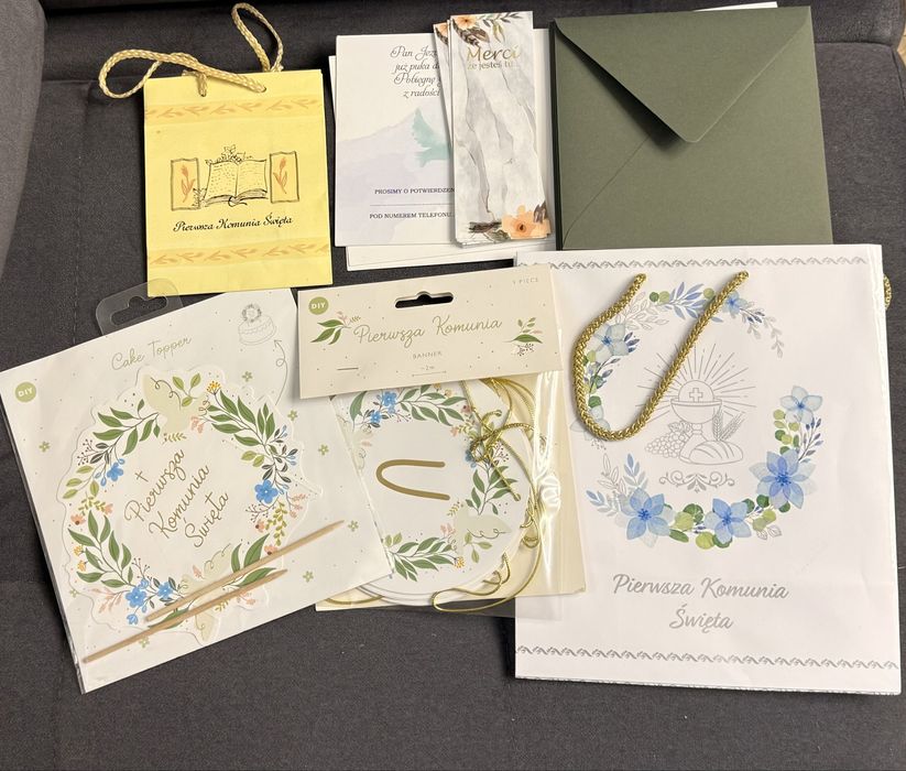 Zestaw ozdoba komunijna na tort pierwsza komunia święta zaproszenia