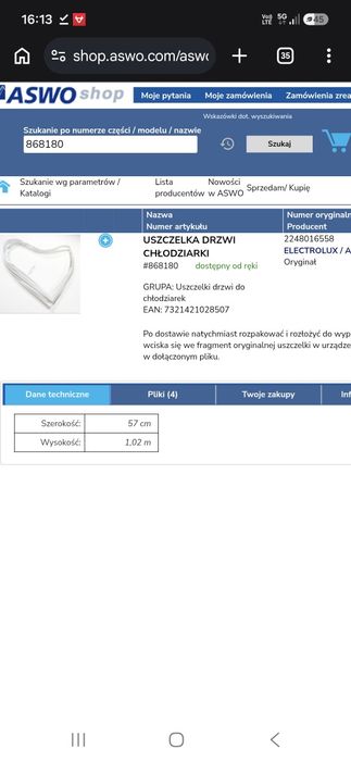 Uszczelka drzwi chłodziarki aeg electrolux 2248016558